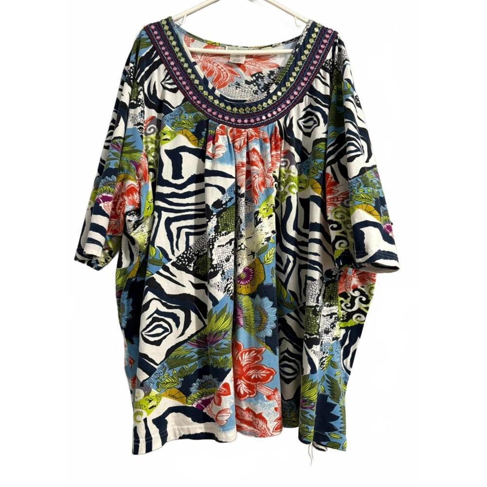 Ulla Popken Tunic Top Printed Short Sleeve Plus Size 32/34 Cotton Artsy Indie